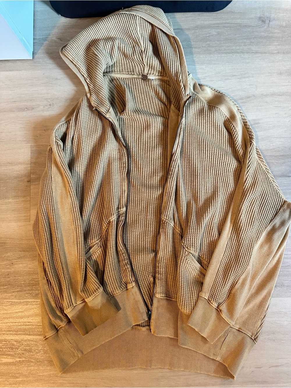 FP Movement by Free People Waffle-Knit Hooded Zip Jacket in Tan